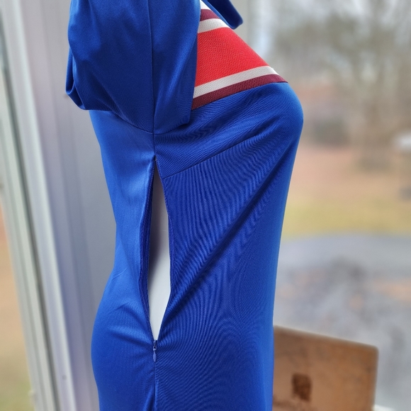 Royal Blue Red & White Ribbed Striped Mock Neck Maxi Column Knit Dress - Picture 10 of 15